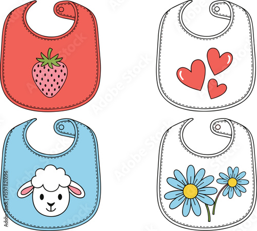 CAD drawing flat vector illustration of baby bibs with cute strawberry, heart, lamb, flower design, front view, colorful template