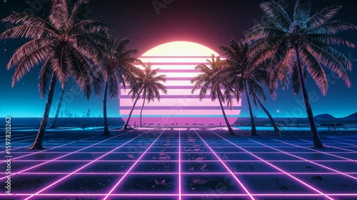 Tropical beach featuring a glowing neon grid, swaying palm trees, and a retro sun.