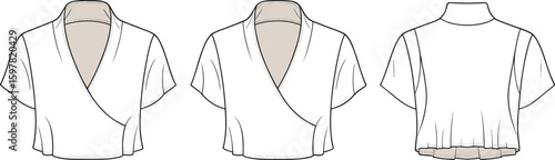 Wrap top CAD drawing, flat vector fashion illustration with V-neck front design, short sleeves, high back neckline, cropped silhouette
