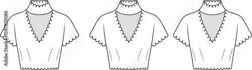 Blouse CAD drawing, flat vector fashion illustration with scalloped edges, V-cutout front panels, high neckline, short sleeves, gray accents