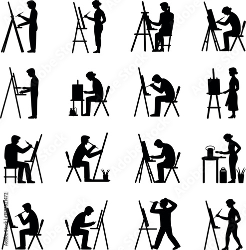 Silhouettes of artists painting on easels in various poses and settings drawing