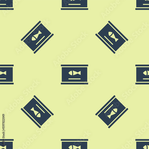 Blue Canned fish icon isolated seamless pattern on yellow background. Vector