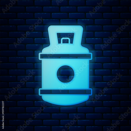 Glowing neon Propane gas tank icon isolated on brick wall background. Flammable gas tank icon. Vector