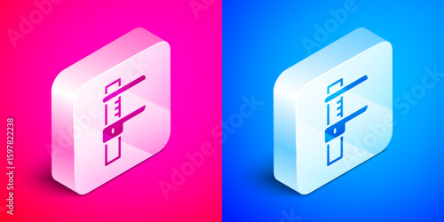 Isometric Calliper or caliper and scale icon isolated on pink and blue background. Precision measuring tools. Silver square button. Vector