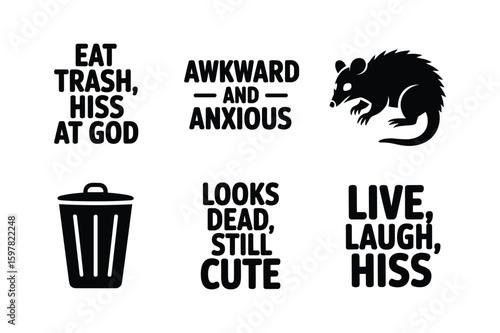 Opossum phrases and silhouette trash can text