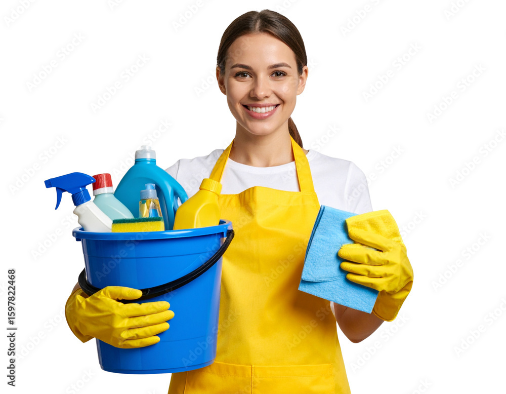 Cheerful Young Woman in Yellow Apron Holding Cleaning Bucket and Cloth, Transparent Background PNG Cheerful Young Woman in Yellow Apron Holding Cleaning Bucket and Cloth, Transparent Background PNG
