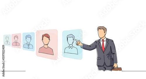 A modern doodle-style vector illustration of an HR manager selecting the best employee for a job. Recruitment process. Candidate search