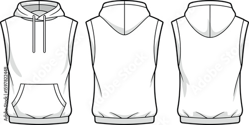 Sleeveless hoodie CAD drawing, flat vector fashion illustration with drawstring hood, kangaroo pocket, side view design, front and back
