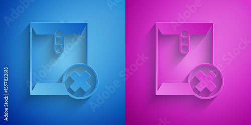 Paper cut Delete envelope icon isolated on blue and purple background. Delete or error letter. Cross on message. Rejected mail. Paper art style. Vector