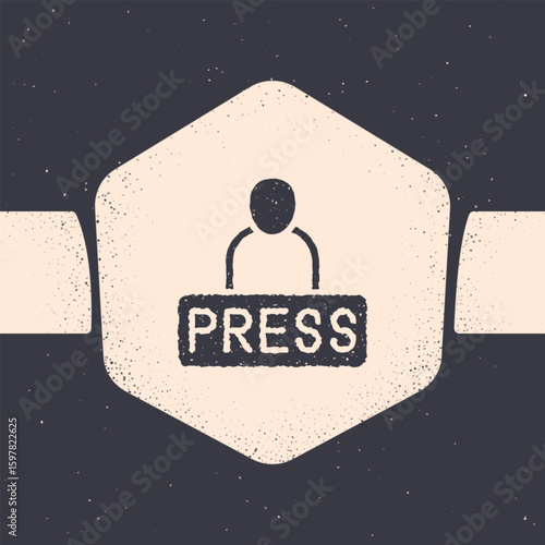 Grunge Journalist news reporter icon isolated on grey background. Monochrome vintage drawing. Vector