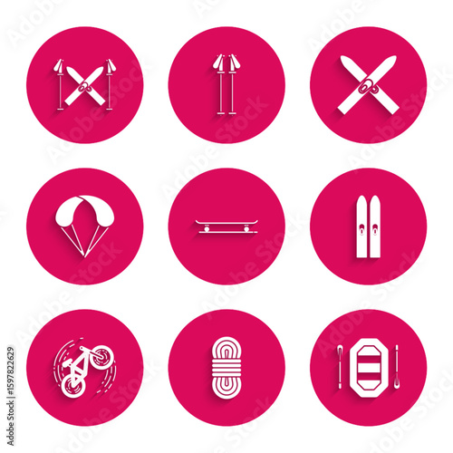 Set Skateboard, Climber rope, Rafting boat, Ski and sticks, Bicycle trick, Parachute, and icon. Vector