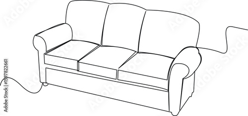 Modern comfy furniture sofa for home interior in trendy hygge style outline contour lines. Doodle vector illustration.