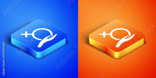 Isometric Female gender symbol icon isolated on blue and orange background. Venus symbol. The symbol for a female organism or woman. Square button. Vector