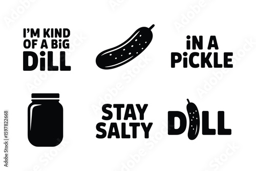 Pickle jar and dill pickle phrases food text