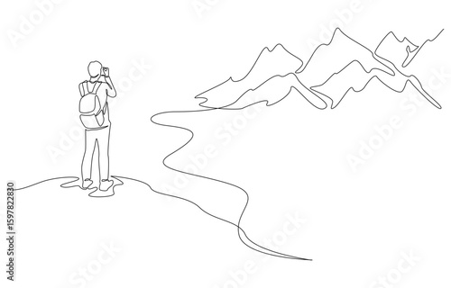 Continuous one line drawing of photographer capturing scenic view of distant mountains, tourist photographer concept,  single line art.