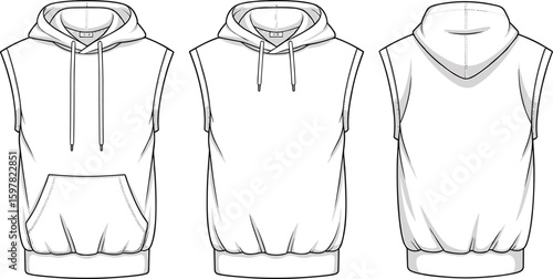 Sleeveless hoodie CAD drawing, flat vector fashion illustration with drawstring hood, kangaroo pocket, hood-up variation, front and back views