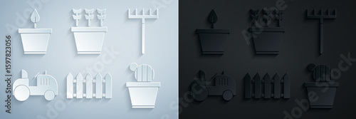 Set Garden fence wooden, rake, Tractor, Cactus and succulent in pot, Plants and icon. Vector