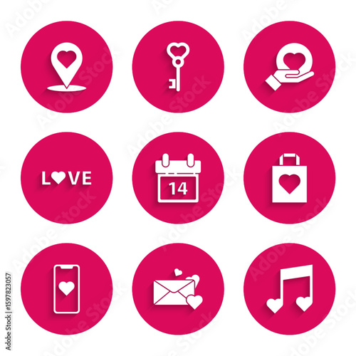 Set Calendar with February 14, Envelope heart, Music note, tone hearts, Shopping bag, Mobile phone, Love text, Heart hand and Map pointer icon. Vector