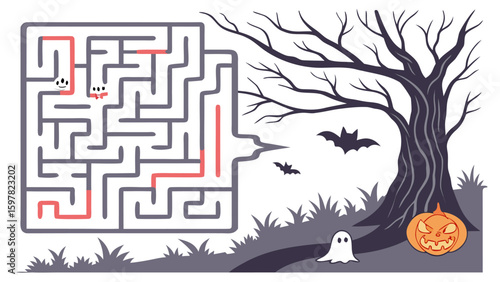 Halloween themed maze with ghosts, bats, a pumpkin, and a spooky tree with a marked solution path