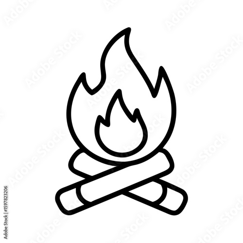 A stylized illustration captures a blazing bonfire with a crosswise stack of logs, a striking emblem for warmth, wilderness, or recreation.