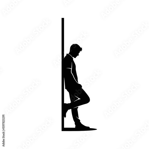 Thoughtful Man in Profile Resting Against a Wall