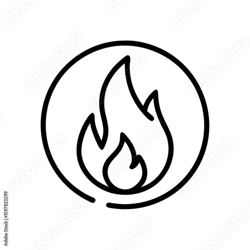 A stylized depiction of a fiery flame, encapsulated within a minimalist circle, a powerful visual representing heat, energy and transformation.