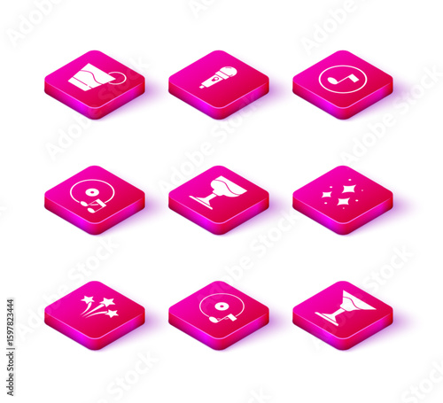 Set Firework, Vinyl disk, Cocktail, Music note, tone and Microphone icon. Vector