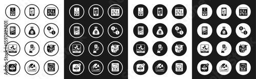 Set Bitcoin in browser, Money bag, ATM and money, Mobile stock trading, Cryptocurrency exchange, Bull bear of market and Online internet auction icon. Vector