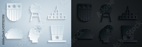 Set USA Head, City landscape, Taco with tortilla, Patriotic American top hat, Barbecue grill and Shield stars icon. Vector