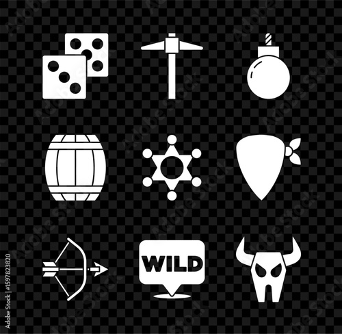 Set Game dice, Pickaxe, Bomb ready to explode, Bow and arrow in quiver, Pointer wild west, Buffalo skull, Gun powder barrel and Hexagram sheriff icon. Vector
