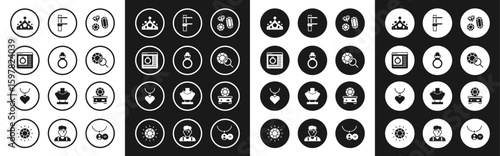Set Gem stone, Diamond engagement ring, Jewelry online shopping, King crown, Calliper or caliper and scale, and Necklace with heart shaped pendant icon. Vector