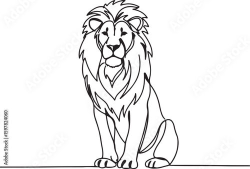 Minimalist one-line drawing of a majestic lion sitting, elegant continuous line art on white background,