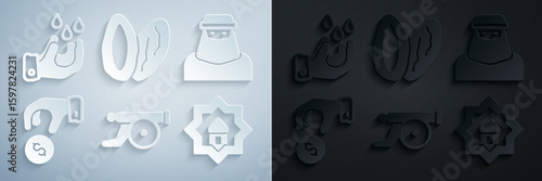 Set Ramadan cannon, Muslim woman in niqab, Donate or pay your zakat, Mosque, Date fruit and Wudhu icon. Vector