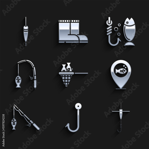 Set Fishing net with fish, hook, and float, Location fishing, rod, and icon. Vector