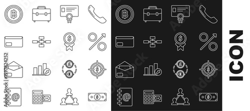 Set line Stacks paper money cash, Percent up arrow, Certificate template, Business hierarchy organogram chart infographics, Envelope, Cryptocurrency coin Bitcoin and Reward for good work icon. Vector