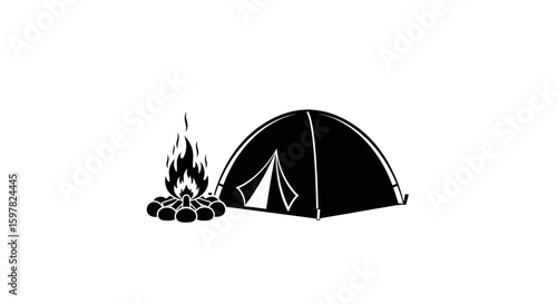 Dome Tent and Campfire Silhouette