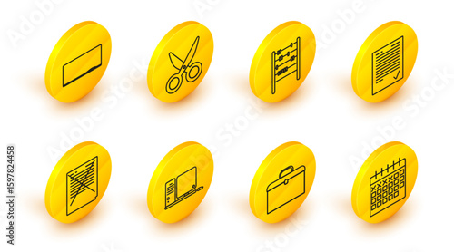 Set line Calendar, Briefcase, Computer monitor with keyboard and mouse, Exam paper incorrect answers survey, sheet check mark, Abacus, Scissors and Chalkboard icon. Vector