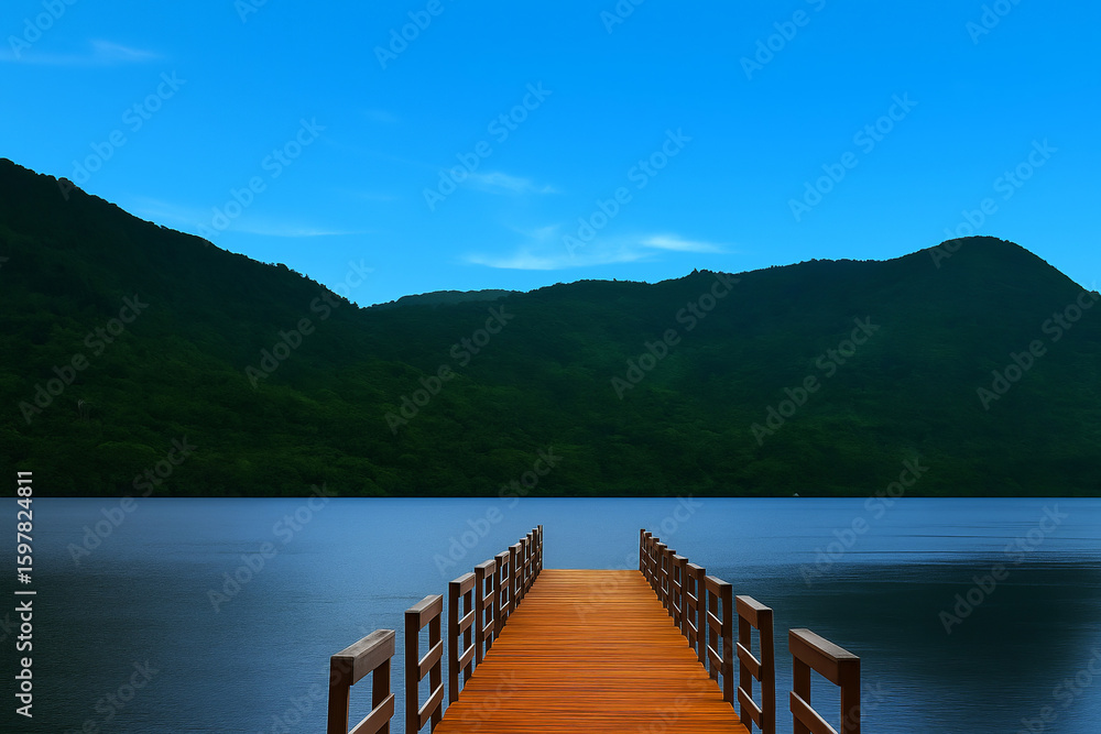 A wooden pier stretches over a calm lake under a vibrant blue sky and lush green mountains. Serenity, nature, and an inspiring landscape. A wooden pier stretches over a calm lake under a vibrant blue sky and lush green mountains. Serenity, nature, and an inspiring landscape.