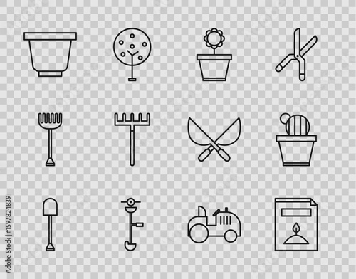 Set line Shovel, A pack full of seeds of a specific plant, Flower in pot, Grass and weed electric string trimmer, Garden rake, Tractor and Cactus succulent icon. Vector