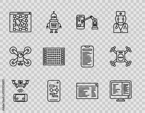 Set line Remote aerial drone, Algorithm, Global technology social network, Printed circuit board PCB, Software, web developer programming code and Drone flying with action camera icon. Vector