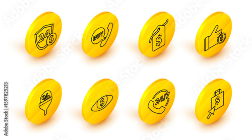 Set line Shoping bag and dollar, Telephone 24 hours support, Eye with, Lead management, Hand holding coin, Price tag, Phone speech bubble Buy and Shield icon. Vector