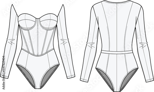 CAD drawing flat vector illustration of long sleeve corset bodysuit fashion technical sketch, lingerie apparel design, detailed garment