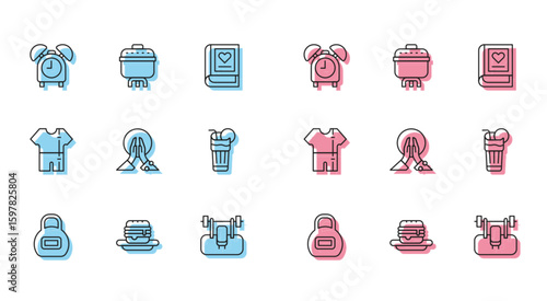 Set line Kettlebell, Junk food, Alarm clock, Bench with barbel, Meditation, Fresh smoothie, Sport track suit and Cooking pot icon. Vector