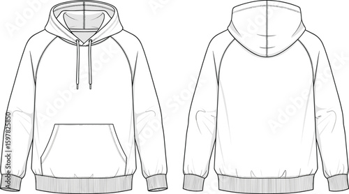 CAD drawing flat vector illustration of pullover hoodie with kangaroo pocket, drawstring hood, ribbed cuffs, hem, casual unisex design