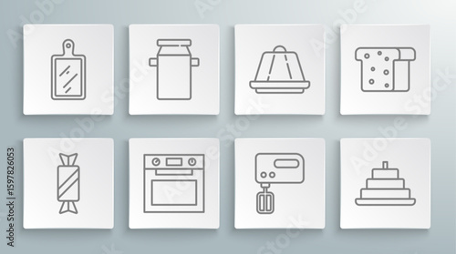 Set line Candy, container for milk, Oven, Electric mixer, Cake with burning candles, Pudding custard, Bread toast and Cutting board icon. Vector