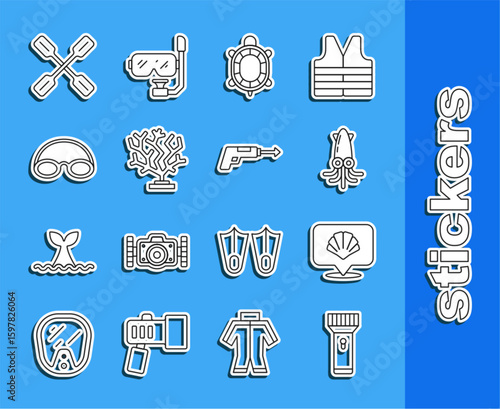 Set line Flashlight, Scallop sea shell, Octopus, Turtle, Coral, Glasses and cap, Paddle and Fishing harpoon icon. Vector