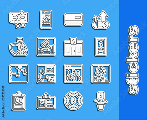 Set line Dollar plant, Pie chart infographic, Mobile with dollar, Credit card, Online internet auction, Shield and money bag, Stacks paper cash and Bank building icon. Vector