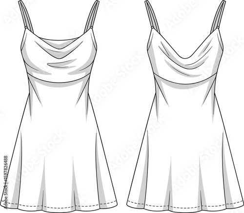 Cowl neckline sleeveless dress CAD drawing, flat vector illustration, flared skirt fashion template, stylish design for apparel mockup