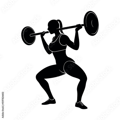 Strong female lifting barbell in squat position silhouette Art Vector illustration