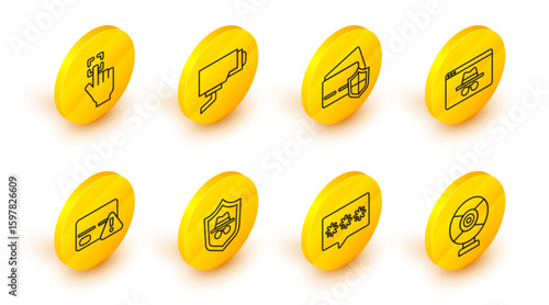 Set line Security camera, Password protection, Incognito mode, Credit card, Browser incognito window, with shield, and Fingerprint icon. Vector